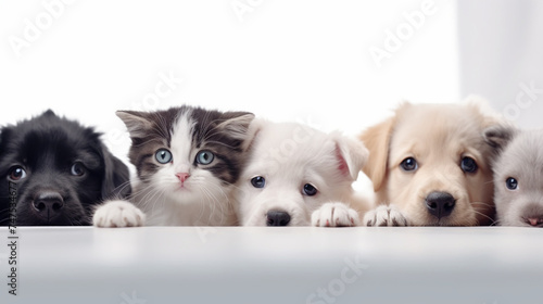 Funny happy dogs and cats peeking over blank white web banner or social media cover with paws hanging over photo