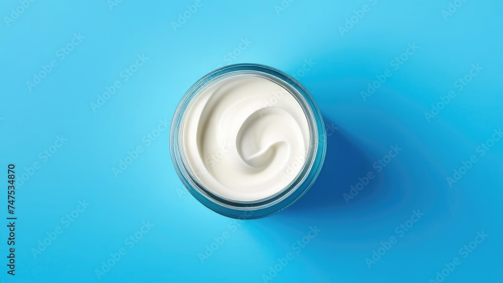 Jar of cosmetic cream on solid blue background, top view. Space for text, empty space. Mask for face. Jar of cosmetic cream on solid blue background, top view. Space for text, empty space. Mask for face.