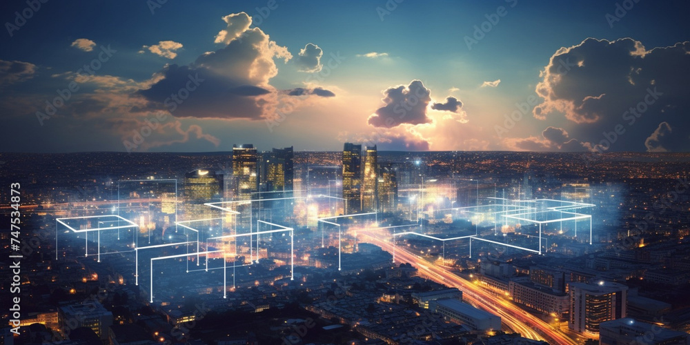Smart cityscape with futuristic buildings cyberspace background, Modern smart city network interconnected AI generated

