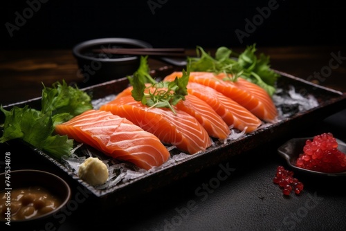 Close-up view photography of a juicy sashimi on a metal tray against a bamboo background. AI Generation