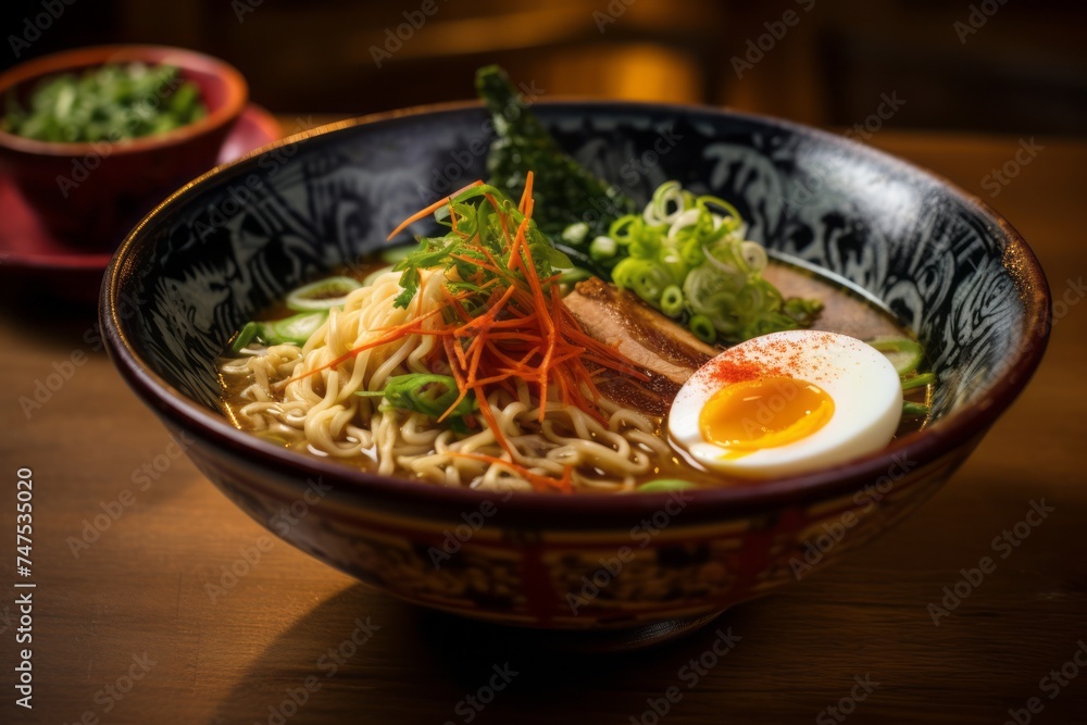 Detailed close-up photography of an hearty ramen on a rustic plate against a bamboo background. AI Generation