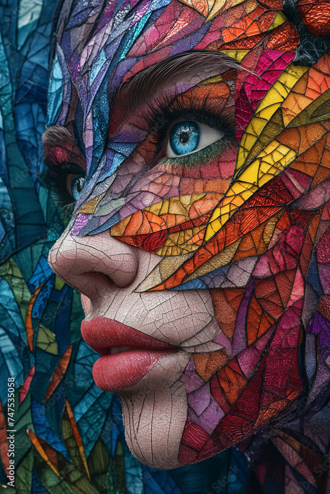a colorful abstract portrait showing a beautiful woman's face, in the style of intricate and pristine geometry illustrations