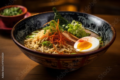 Detailed close-up photography of an hearty ramen on a rustic plate against a bamboo background. AI Generation