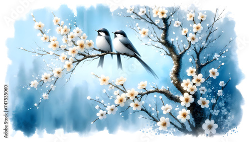 Two birds on a tree with white flowers. Vertical oil painting, blue background