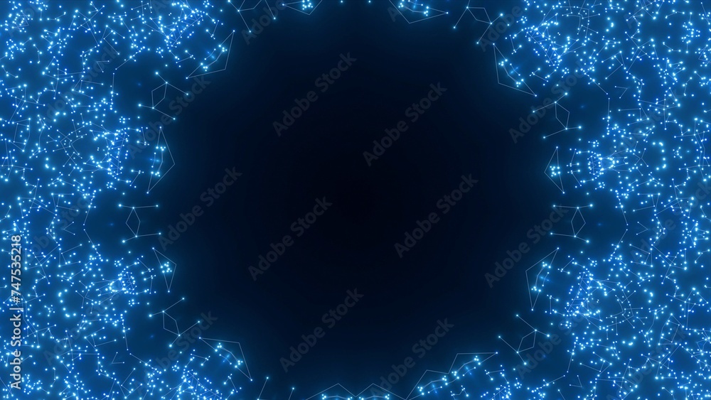 futuristische blau leuchtende synchrone Netzwerkverknüpfungen mit Knotenpunkten, Fraktal, Muster, Kreis, Verbindungen, KI, Internet, Server, Plexuseffekt, System, FTTH, Daten, leuchten
 - obrazy, fototapety, plakaty 