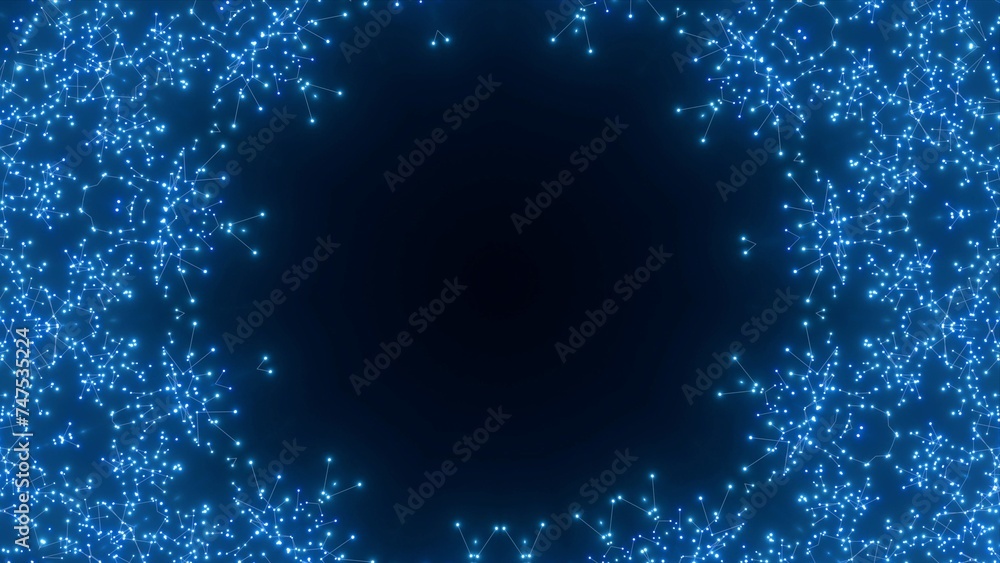 futuristische blau leuchtende synchrone Netzwerkverknüpfungen mit Knotenpunkten, Fraktal, Muster, Kreis, Verbindungen, KI, Internet, Server, Plexuseffekt, System, FTTH, Daten, leuchten
 - obrazy, fototapety, plakaty 
