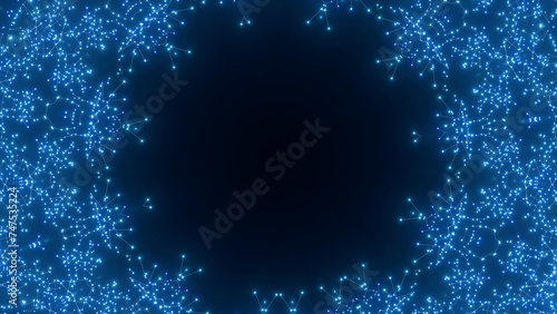 futuristische blau leuchtende synchrone Netzwerkverknüpfungen mit Knotenpunkten, Fraktal, Muster, Kreis, Verbindungen, KI, Internet, Server, Plexuseffekt, System, FTTH, Daten, leuchten
 photo