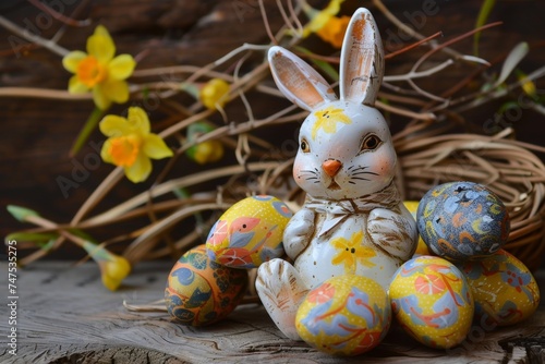 A charming Easter composition with a ceramic bunny surrounded by painted eggs and springtime twigs, evoking festivity photo