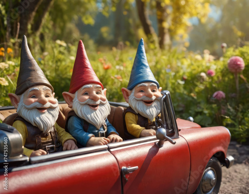 Cheerful gnomes are riding in a convertible.