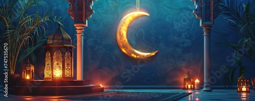 Ramadan lantern with crescent moon and podium as luxury islamic background. Decoration for ramadan kareem, mawlid, iftar, isra miraj, eid al fitr adha and muharram photo