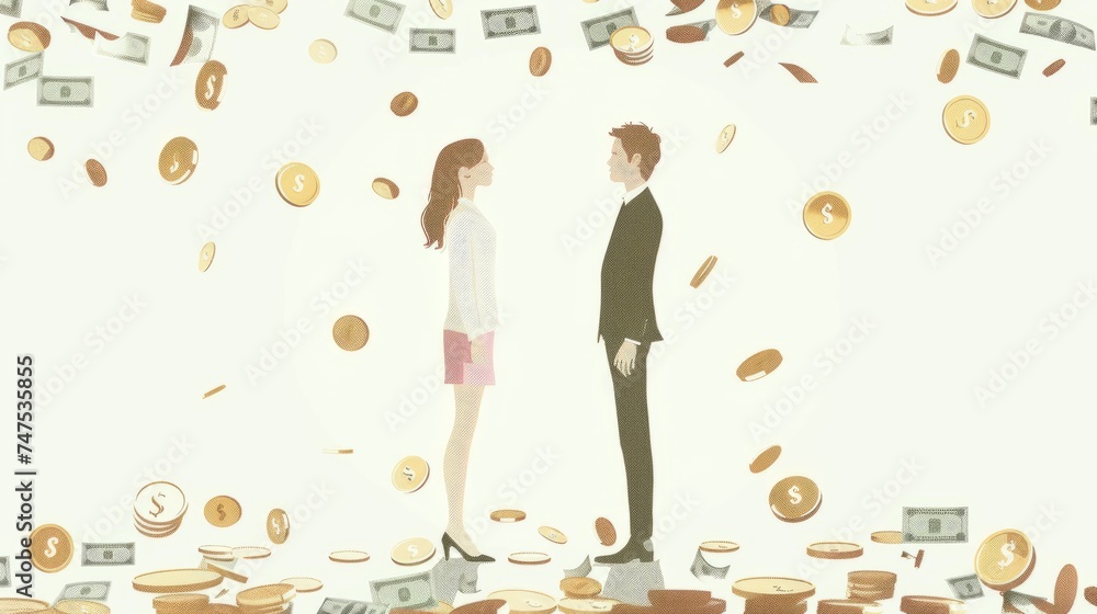 Obraz premium Minimalistic illustration of equal pay between women and man. money is all around. White background