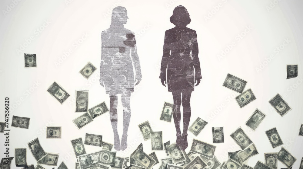 Minimalistic illustration of equal pay between women and man. money is all around. White background Minimalistic illustration of equal pay between women and man. money is all around. White background
