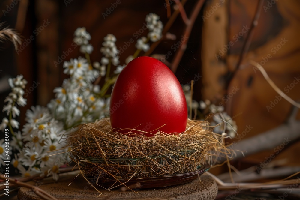 Enchanting red egg nestled in a rustic nest among delicate white flowers on a wooden backdrop Enchanting red egg nestled in a rustic nest among delicate white flowers on a wooden backdrop