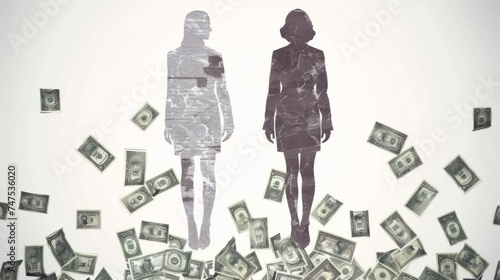 Minimalistic illustration of equal pay between women and man. money is all around. White background