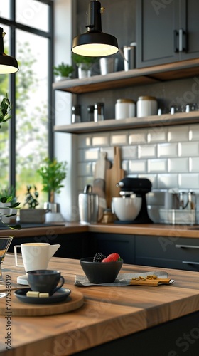 Kitchen island countertop with coffee set, modern kitchen background