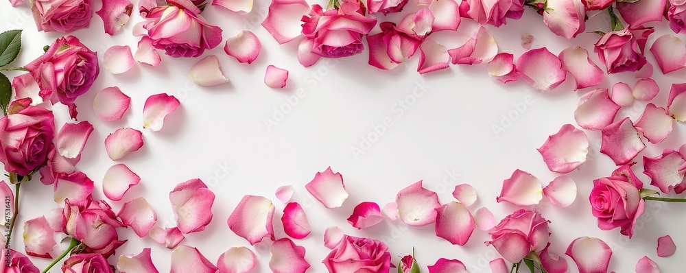Close up of blooming pink roses flowers and petals isolated on white table background. Floral frame composition. Decorative web banner. Empty space, flat lay, top view.