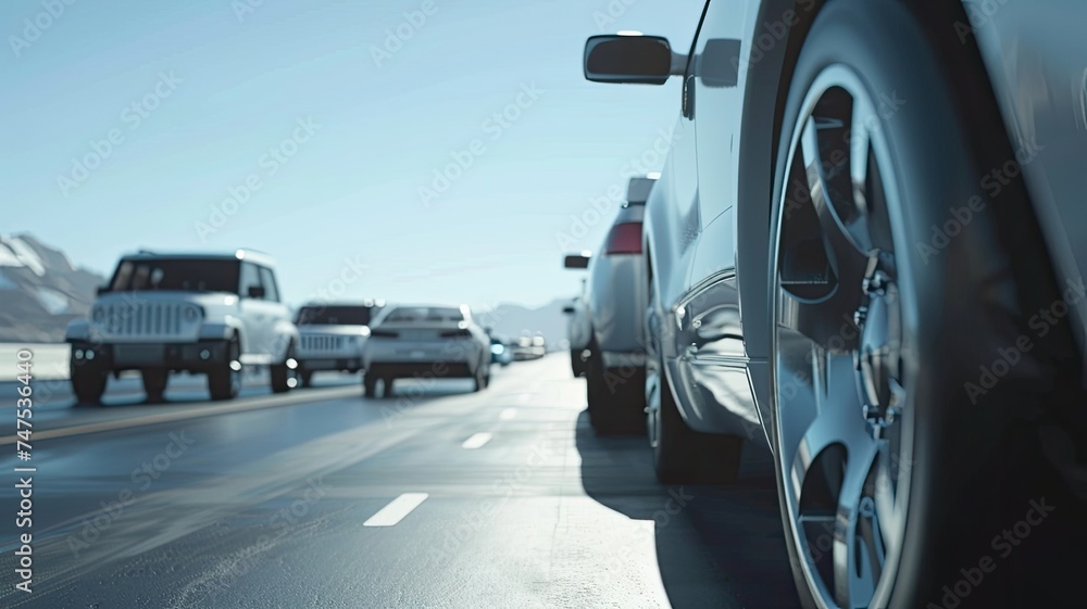 a low-angle view of a line of cars and a truck on the highway, showcasing the dynamic motion and scale of the vehicles. a low-angle view of a line of cars and a truck on the highway, showcasing the dynamic motion and scale of the vehicles.