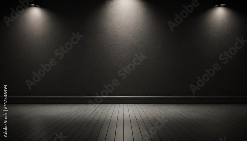 Delve into the mystery of an empty room with black walls and a spotlight. Great for highlighting text mockups or product presentations against a dark backdrop.