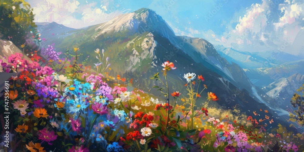 a painting of colorful wild flowers on a mountain in the style of panorama Generative AI - obrazy, fototapety, plakaty 