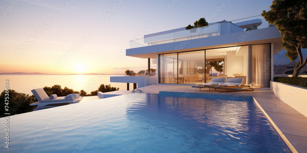Fototapeta premium A white building house in the shore sea view, Modern luxury home with swimming pool, Modern luxury villa with pool and garden at blue hour generative ai