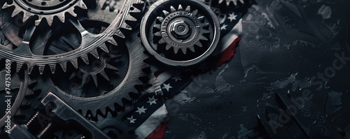 Construction and manufacturing tools with patriotic US, USA, American flag on dark black background © Влада Яковенко