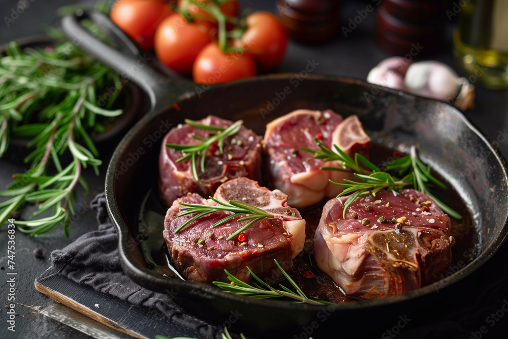 uncooked ossobuco, veal shank steak with marrowbone on black stone board uncooked ossobuco, veal shank steak with marrowbone on black stone board