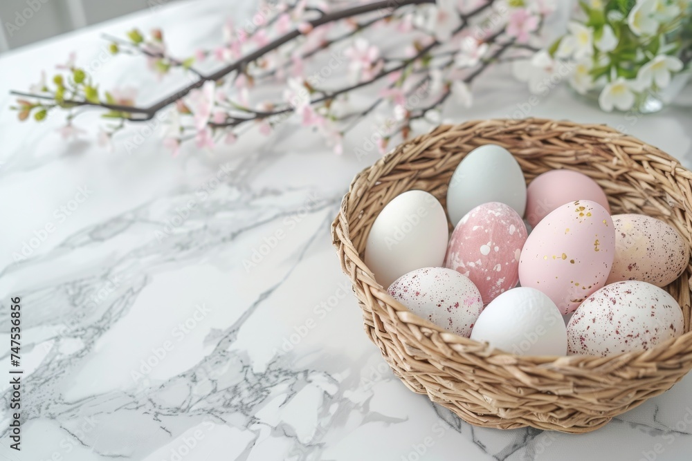 An elegant arrangement of speckled pastel Easter eggs in a wicker basket, accented with delicate spring flowers on a marble surface An elegant arrangement of speckled pastel Easter eggs in a wicker basket, accented with delicate spring flowers on a marble surface