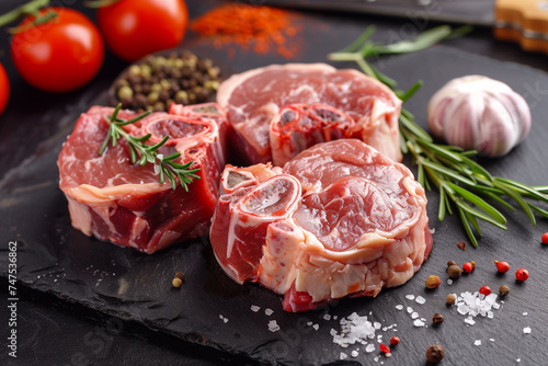 uncooked ossobuco, veal shank steak with marrowbone on black stone board