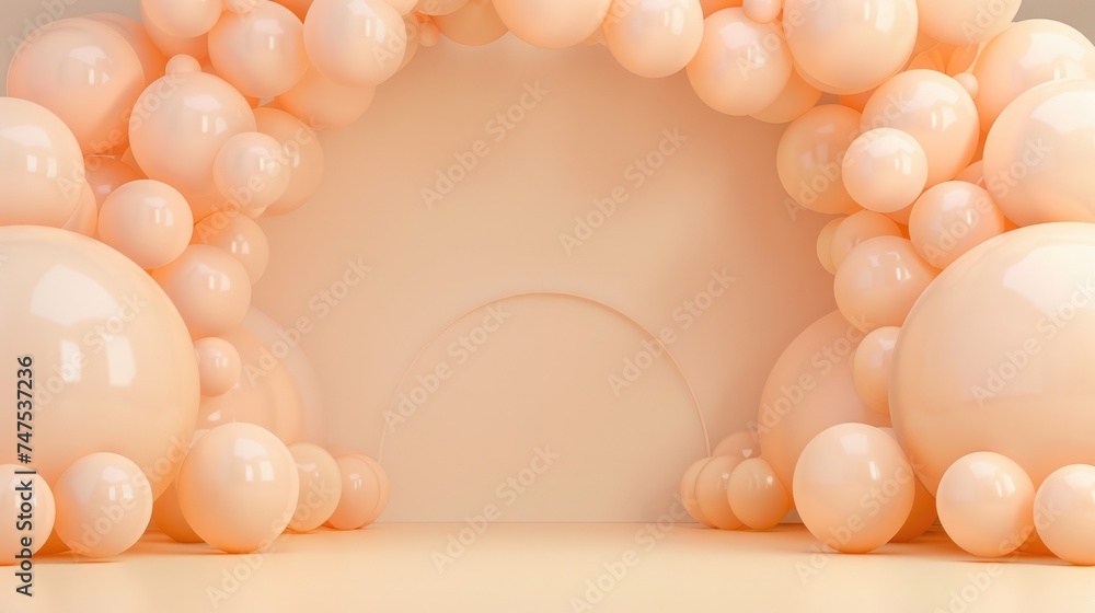 Generative AI, arch of peach fuzz color balloons. Birthday party, wedding or shower 3d background. Template for greetings or invitations...