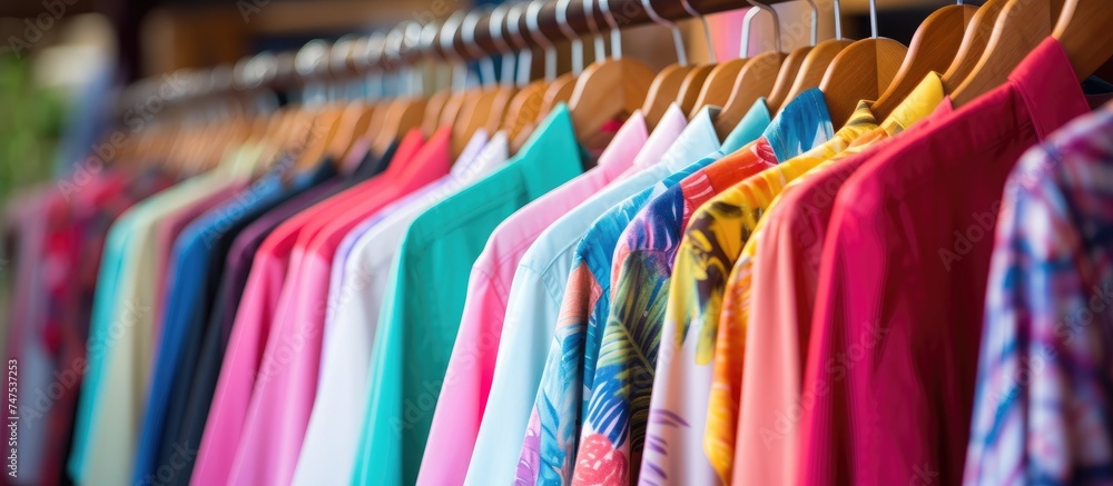 A variety of bright and colorful cotton shirts are hanging neatly on a clothing rack in a boutique shop. The shirts showcase a range of vibrant hues and patterns, A variety of bright and colorful cotton shirts are hanging neatly on a clothing rack in a boutique shop. The shirts showcase a range of vibrant hues and patterns,