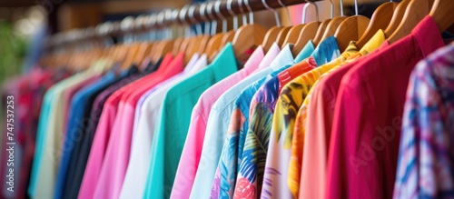A variety of bright and colorful cotton shirts are hanging neatly on a clothing rack in a boutique shop. The shirts showcase a range of vibrant hues and patterns,