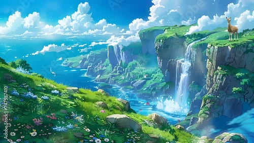 anime scenery of a waterfall and a cliff with a blue sky photo