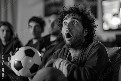 Monochrome image of a family enjoying a soccer game on the TV in their living room, showing excitement and togetherness photo