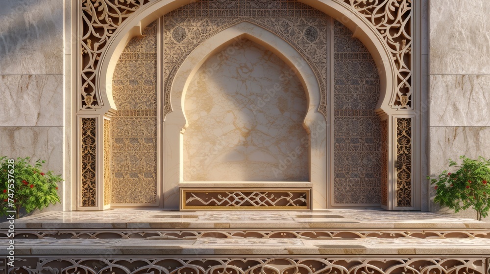 Sunlight bathes a tranquil corner featuring a Arabic arch with podium and elaborate arabesque patterns, reflecting the artistry of Islamic design.