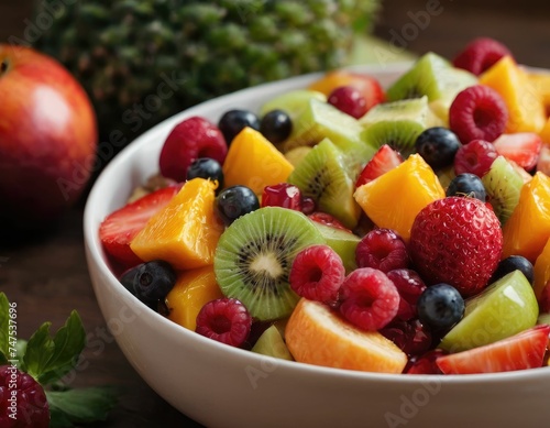 Salad with sliced sweet fruits and berries on a plate  bright attractive picture. Close-up.