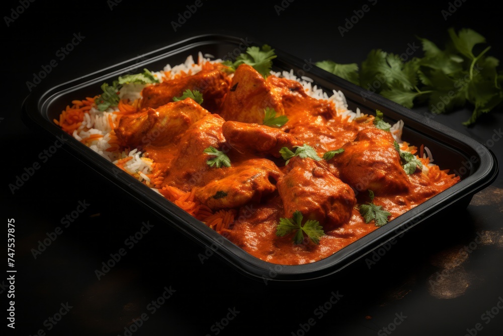 Conceptual close-up photography of a tempting chicken tikka masala on a plastic tray against a velvet background. AI Generation