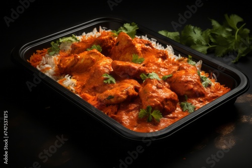 Conceptual close-up photography of a tempting chicken tikka masala on a plastic tray against a velvet background. AI Generation