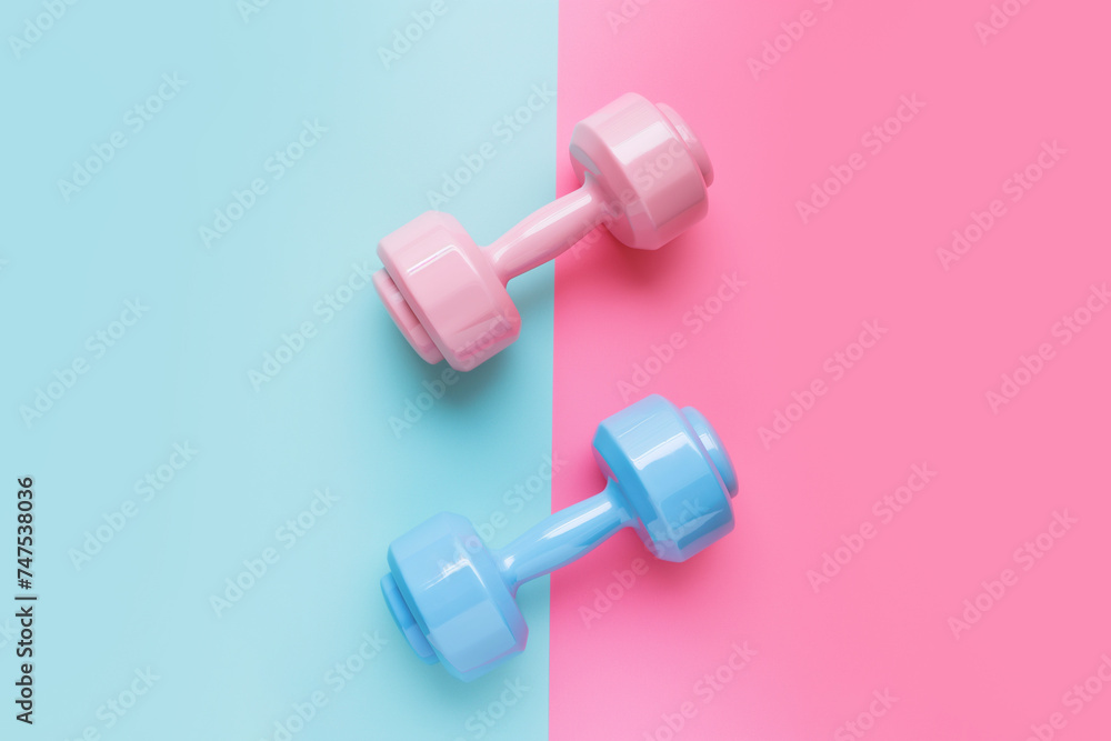 Pink and blue dumbbells on pastel background with copy space for text. Training with weights, fitness, sports and health concept. Home exercise equipment, gym flat lay Pink and blue dumbbells on pastel background with copy space for text. Training with weights, fitness, sports and health concept. Home exercise equipment, gym flat lay
