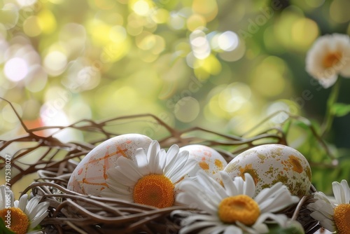Easter eggs delicately placed in a nest adorned with daisy flowers and a lit bokeh backdrop