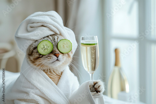 Cat relaxing in spa with cucumber slices on eyes holding a glass of champagne. Cute cat in a bathrobe and turban on spa treatments after bath. Pet grooming, domestic pets treatment