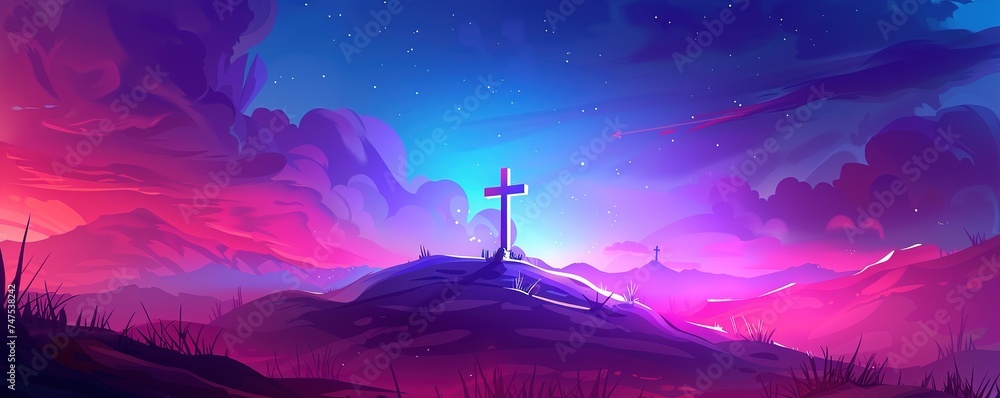 Good friday banner illustration with cross on the hill - obrazy, fototapety, plakaty 