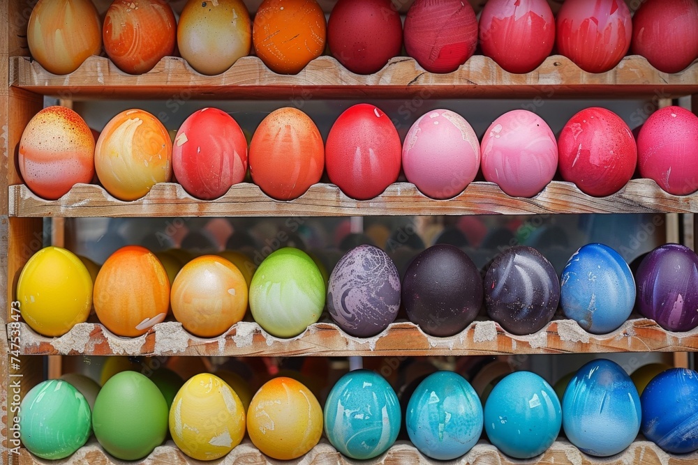 This image showcases a vibrant array of ceramic eggs neatly arranged on wooden shelves, creating a pleasing visual pattern This image showcases a vibrant array of ceramic eggs neatly arranged on wooden shelves, creating a pleasing visual pattern
