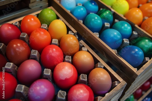 This photo showcases brightly dyed Easter eggs placed in a wooden carton  symbolizing festive traditions