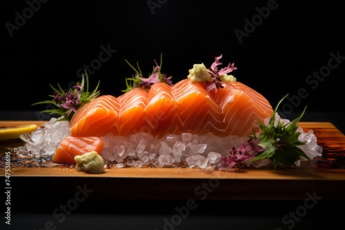 Close-up view photography of a tasty sashimi on a wooden board against a frosted glass background. AI Generation
