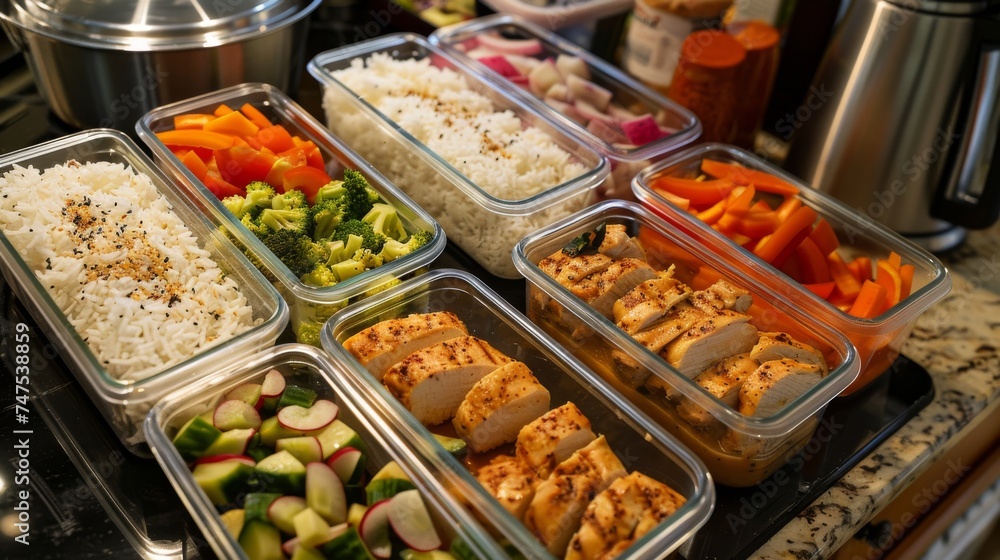 Cut fruit, vegetables and meat into glass containers, Many lunchboxes with different delicious food, Healthy meal prep for a week of workouts. Generative ai