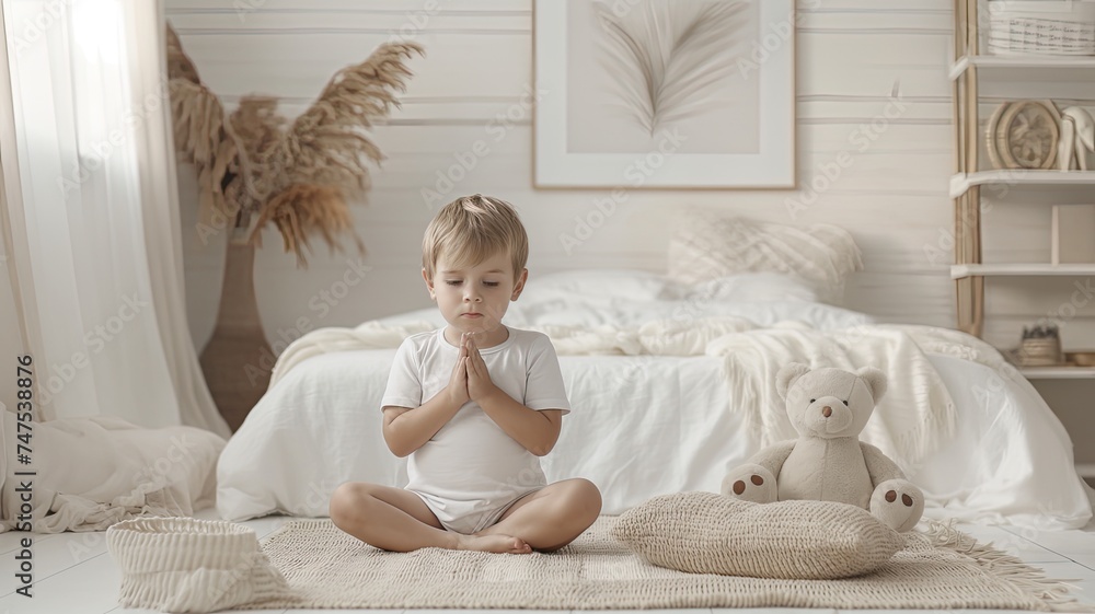 a three-year-old boy kneeling in prayer beside his bed in his bedroom, head bowed, with a teddy bear nearby, against a backdrop of soft white pastel colors. a three-year-old boy kneeling in prayer beside his bed in his bedroom, head bowed, with a teddy bear nearby, against a backdrop of soft white pastel colors.