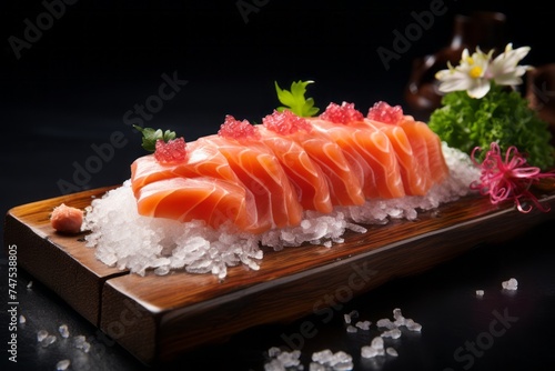 Close-up view photography of a tasty sashimi on a wooden board against a frosted glass background. AI Generation