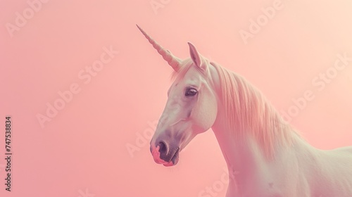 A mythical white unicorn stands gracefully against a soft pink backdrop  creating a surreal and enchanting scene.