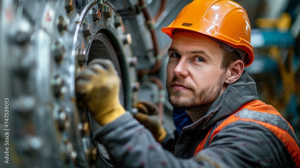 Engineer worker repairing disassembled turbine for repair and inspection. Turbine shop of energy power generation station. Green wind energy concept. Generation ai Engineer worker repairing disassembled turbine for repair and inspection. Turbine shop of energy power generation station. Green wind energy concept. Generation ai