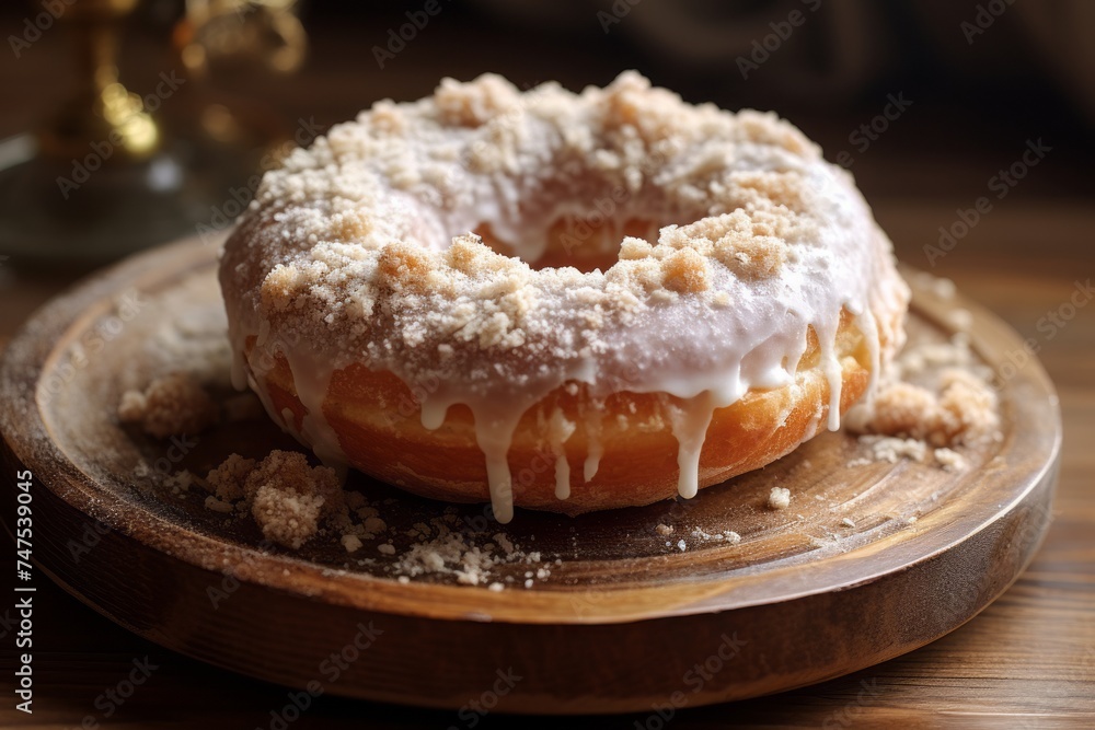 Highly detailed close-up photography of an exquisite doughnut on a rustic plate against a frosted glass background. AI Generation